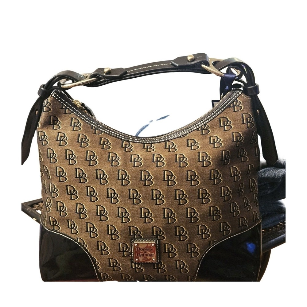 Dooney & Bourke DB Monogram‎ Jacquard Hobo Bag Brown Black Patent Trim NWT